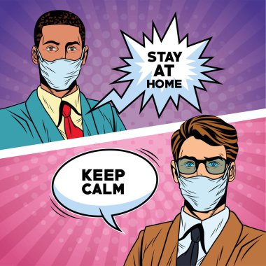 İş adamları, Covid19 'da yüz maskeleri kullanarak mesaj veriyorlar.