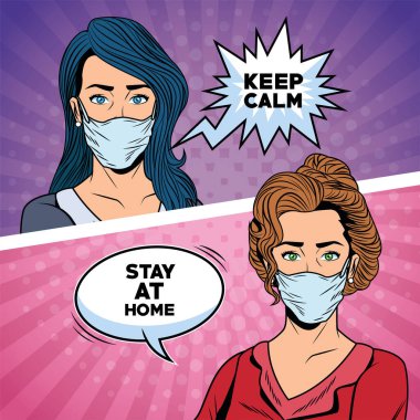 Kovid19 için yüz maskesi kullanan kadınlar mesajlar söylüyorlar.