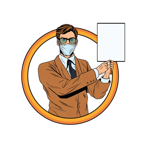 Uomo d'affari con maschera viso per covid19 con banner — Vettoriale Stock