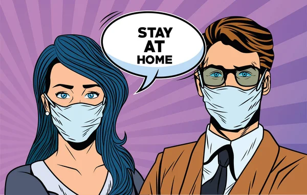 Kovid19 maskesi takan çift evde kalmanızı söylüyor.