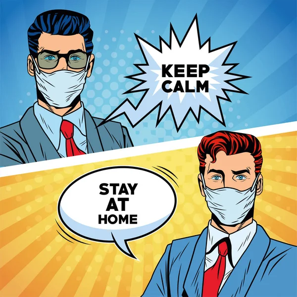 İş adamları, Covid19 'da yüz maskeleri kullanarak mesaj veriyorlar.