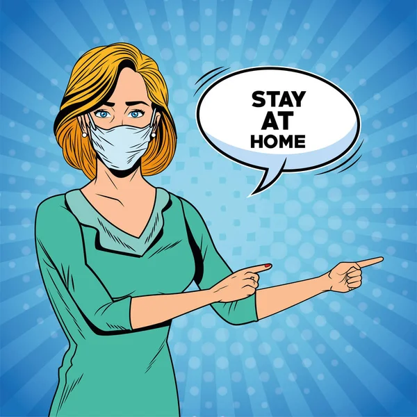 Kadın, Covid19 için yüz maskesi kullanıyor. Evde kalın diyor.