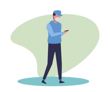 Adam Covid19 için yüz maskesi kullanıyor.