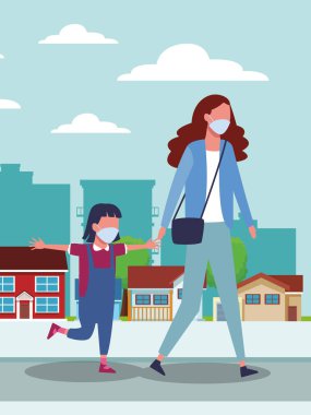 Anne ve kızı covid19 için yüz maskesi kullanıyor.