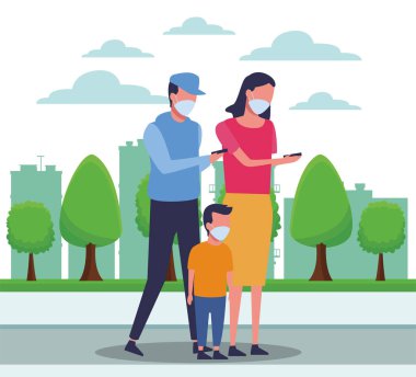 Anne-baba ve oğul covid19 için yüz maskesi kullanıyor.