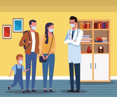 Anne-baba ve oğul, doktor eşliğinde kovid19 için yüz maskesi kullanıyor.