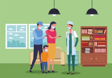 Anne-baba ve oğul, doktor eşliğinde kovid19 için yüz maskesi kullanıyor.