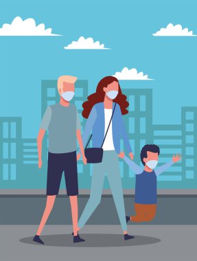 Anne-baba ve oğul covid19 için yüz maskesi kullanıyor.