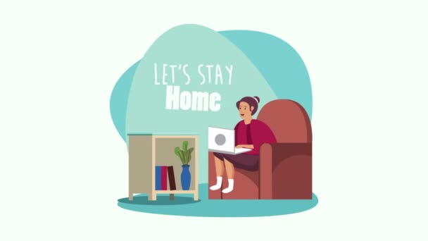 Pobyt doma kampaň se ženou pracující v notebooku — Stock video