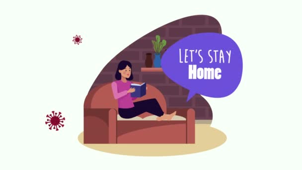 Stay at home campaign with woman reading in sofa — Stock Video