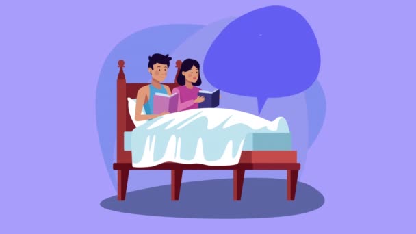 Кампания "оставайся дома" с чтением пары в постели — стоковое видео