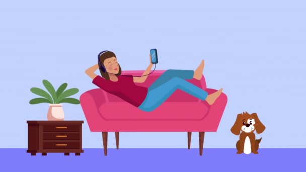 Stay at home campaign with woman playing music in sofa — Stock Video