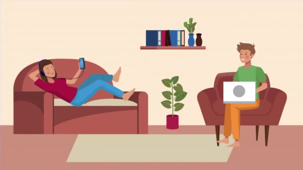 Διαμονή στο σπίτι εκστρατεία με ζευγάρι στο καθιστικό — Αρχείο Βίντεο