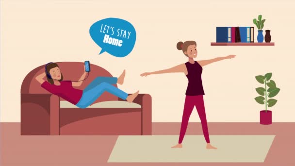 Stanna hemma kampanj med kvinnor i vardagsrummet — Stockvideo