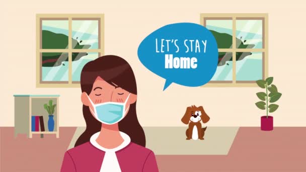 Stanna hemma kampanj med kvinna med ansiktsmask — Stockvideo