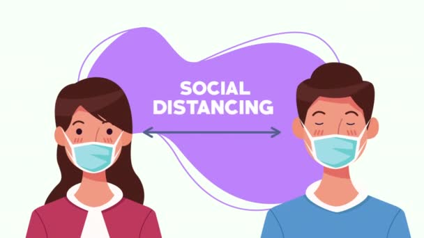 Yüz maskesi kullanan bir çiftle sosyal uzaklık kampanyası — Stok video