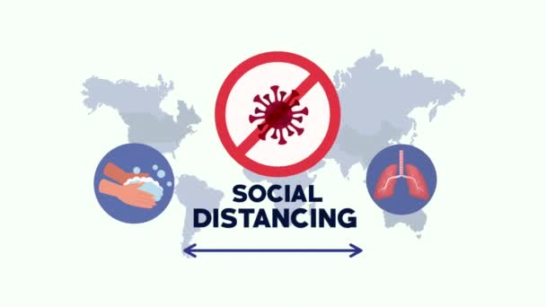 Sosial jarak kampanye dengan planet bumi dan covid19 ikon — Stok Video