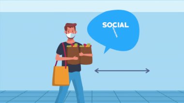 Alışveriş torbaları taşıyan bir adamla sosyal uzaklık kampanyası