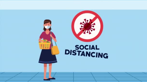 Sociale afstandscampagne met vrouw tillen supermarkt tassen — Stockvideo