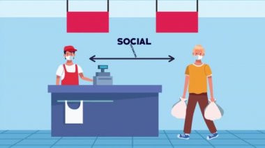 Süpermarket satıcısı ve erkek müşteriyle sosyal uzaklık kampanyası