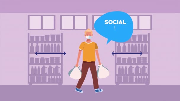 スーパーマーケットの男性顧客との社会的距離キャンペーン — ストック動画
