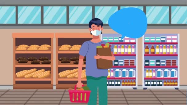 Campaña de distanciamiento social con el cliente masculino del supermercado — Vídeos de Stock