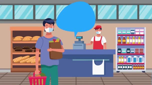 Campaña de distanciamiento social con vendedor de supermercados y cliente masculino — Vídeo de stock