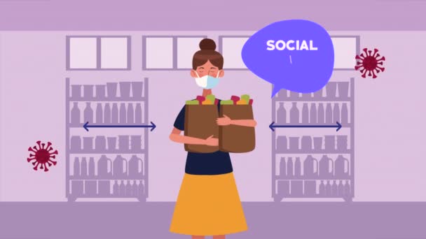 Campanha de distanciamento social com supermercado cliente feminino — Vídeo de Stock