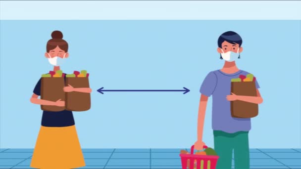 Социальная дистанционная кампания с продавцом и клиентами супермаркетов — стоковое видео