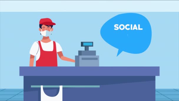 Sociale afstandscampagne met supermarktverkoper en vrouwelijke klant — Stockvideo