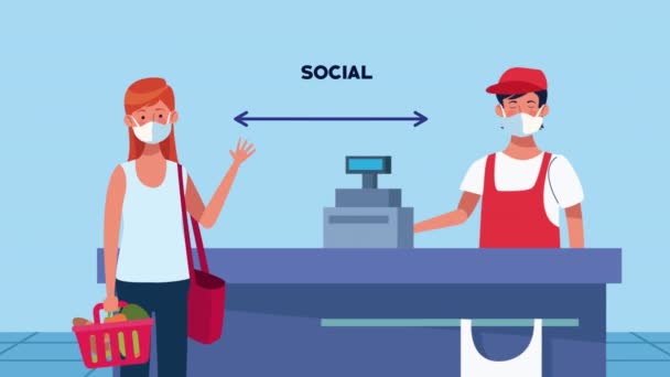 Социальная кампания дистанцирования с продавцом супермаркета и клиенткой — стоковое видео