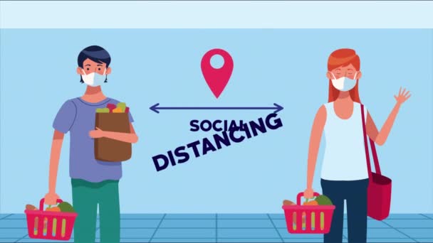 Társadalmi távolsági kampány szupermarket ügyfelekkel — Stock videók