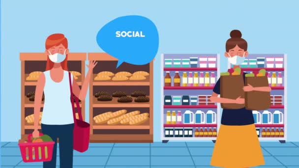 Campanha de distanciamento social com clientes do supermercado feminino — Vídeo de Stock