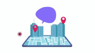 Akıllı telefon ve şehir manzaralı sosyal uzaklık kampanyası