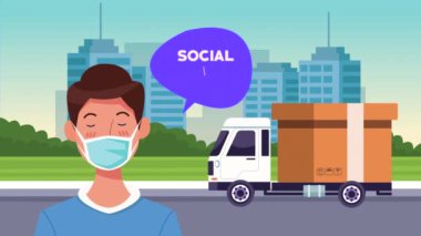 Yüz maskesi ve dağıtım kamyonu kullanan bir adamla sosyal mesafe kampanyası