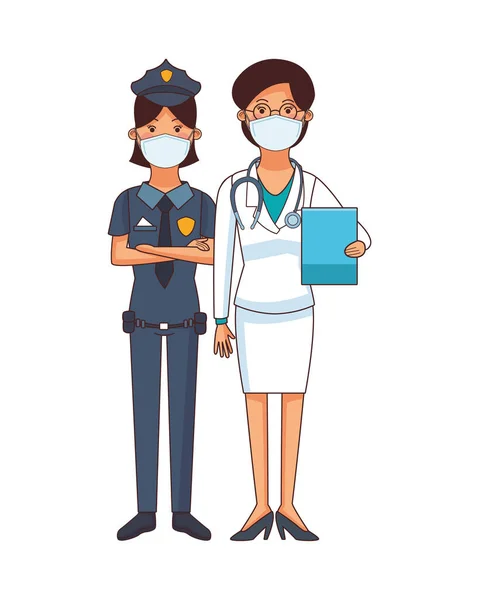 Médico feminino e polícia usando máscara facial — Vetor de Stock