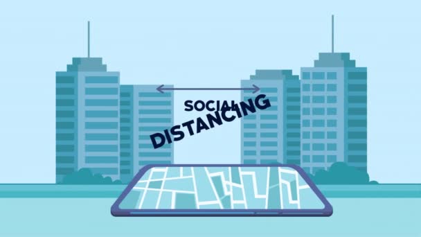 Social distansering kampanj med smartphone och stadsbild — Stockvideo