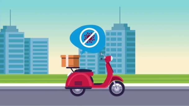 Stop covid19 kampanj med leverans motorcykel — Stockvideo