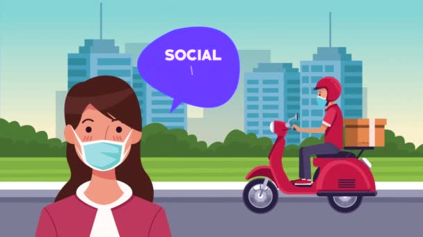 Social distansering kampanj med leverans arbetstagare i motorcykel och kvinna — Stockvideo