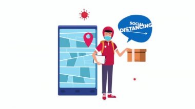 Teslimat işçisi ve akıllı telefon ile sosyal uzaklık kampanyası