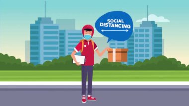 Sokaktaki dağıtım işçisiyle sosyal mesafe kampanyası