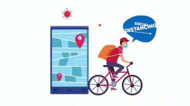 Bisikletçi teslimatçı ve akıllı telefonla sosyal mesafe kampanyası