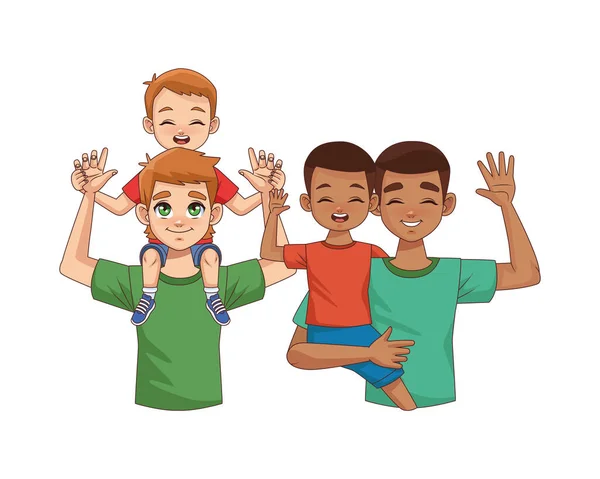 Interracial fathers lifting sons characters — Stock Vector