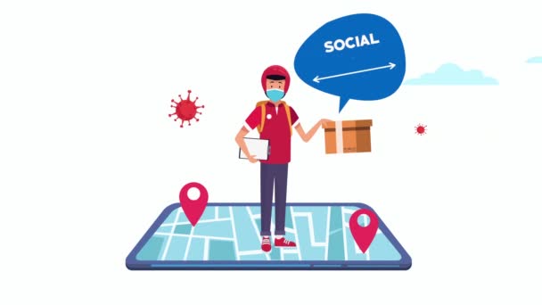 Campanha de distanciamento social com trabalhador de entrega e smartphone — Vídeo de Stock