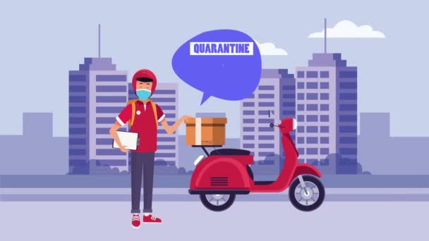 Кампанія соціального дистанціювання з працівником з доставки мотоциклів — стокове відео