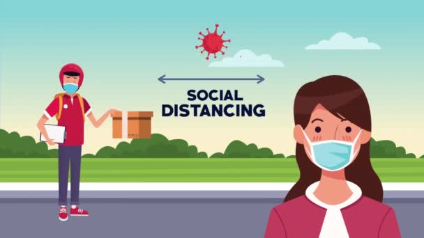 Social distansering kampanj med leverans arbetare och kvinna med ansiktsmask — Stockvideo