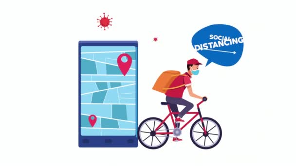 Campanha de distanciamento social com ciclista trabalhador de entrega e smartphone — Vídeo de Stock