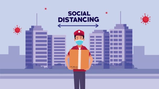 Campanha de distanciamento social com o trabalhador de parto na cidade — Vídeo de Stock