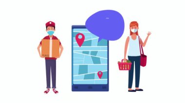 Akıllı telefondan dağıtım işçisi ve bayan müşteri ile sosyal mesafe kampanyası