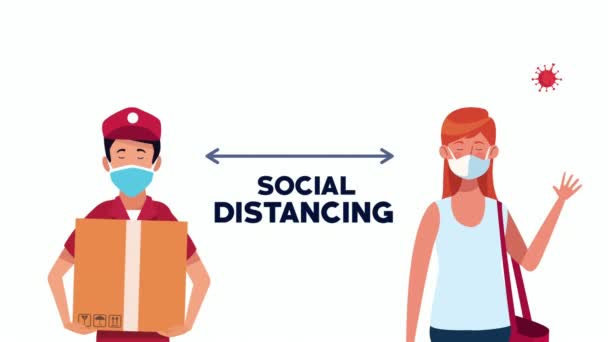 Társadalmi távolsági kampány a kézbesítő munkavállalóval és a nővel — Stock videók